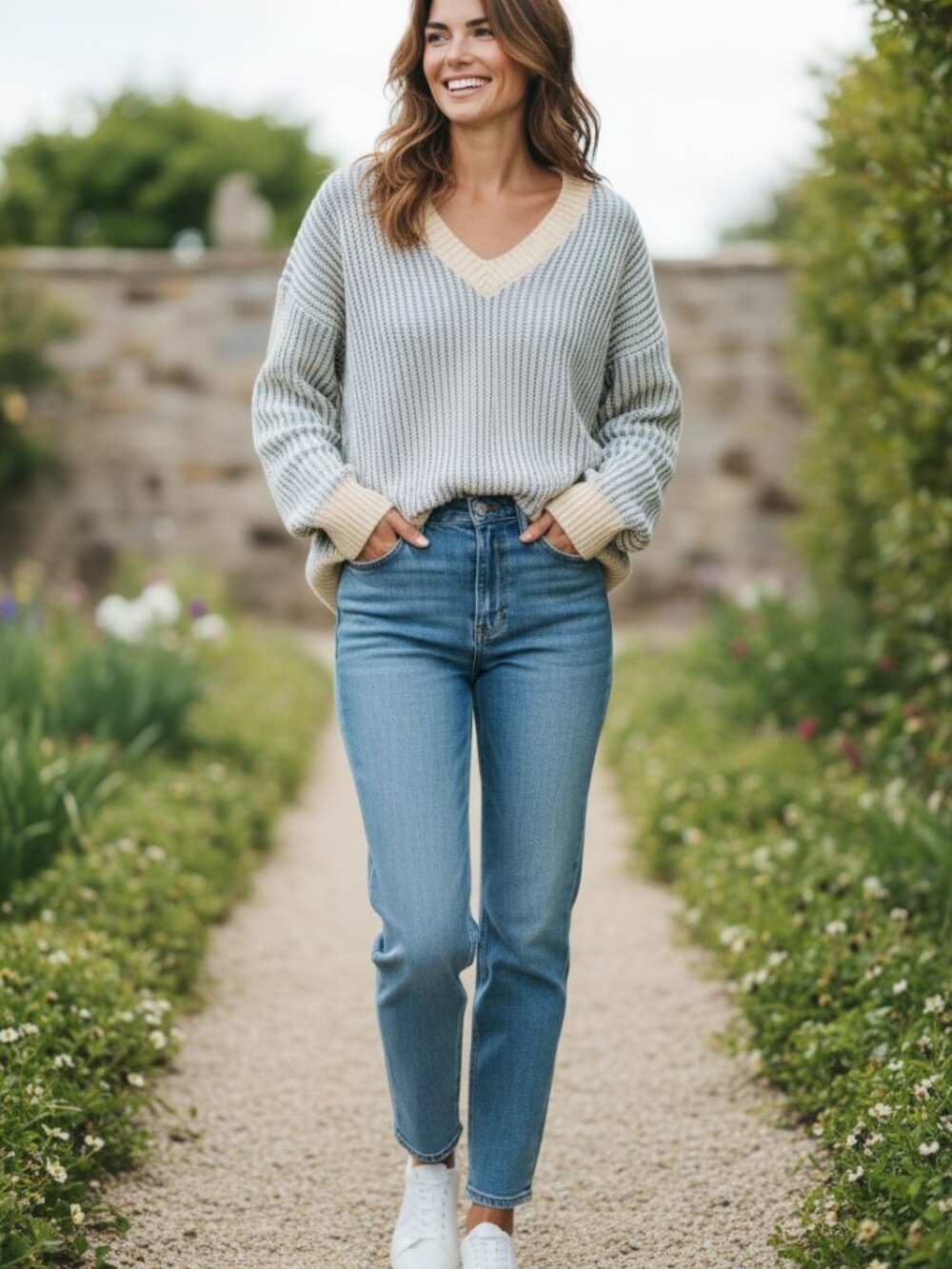 Sage the Label Women's V-Neck Loose Knit Pullover Sweater Blue & Cream Sz Large